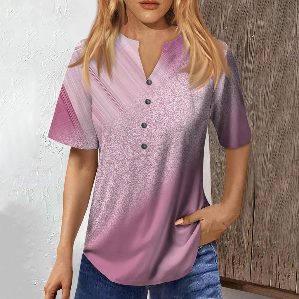 Fashionable Women's Loose Summer V-Neck Button-Down Short Sleeve Casual Dressy Top