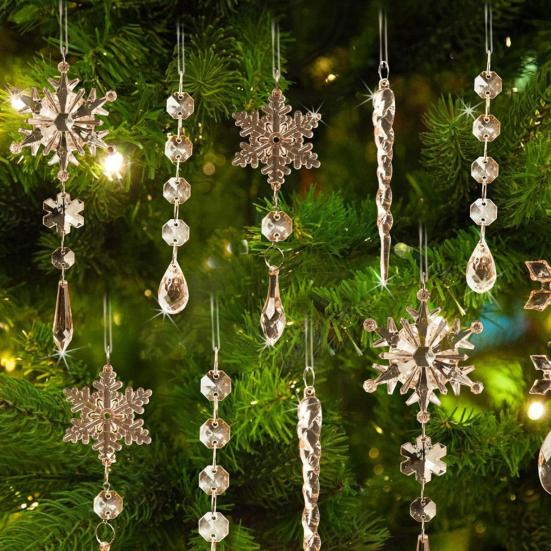 18 Pcs Crystal Christmas Ornaments for Tree Clear Acrylic Snowflake Icicle Hanging Ornaments with Drop Pendants for Winter Wonderland Chandelier