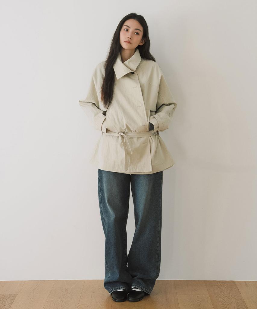 Yearning High Neck Belted Half Jacket, Beige