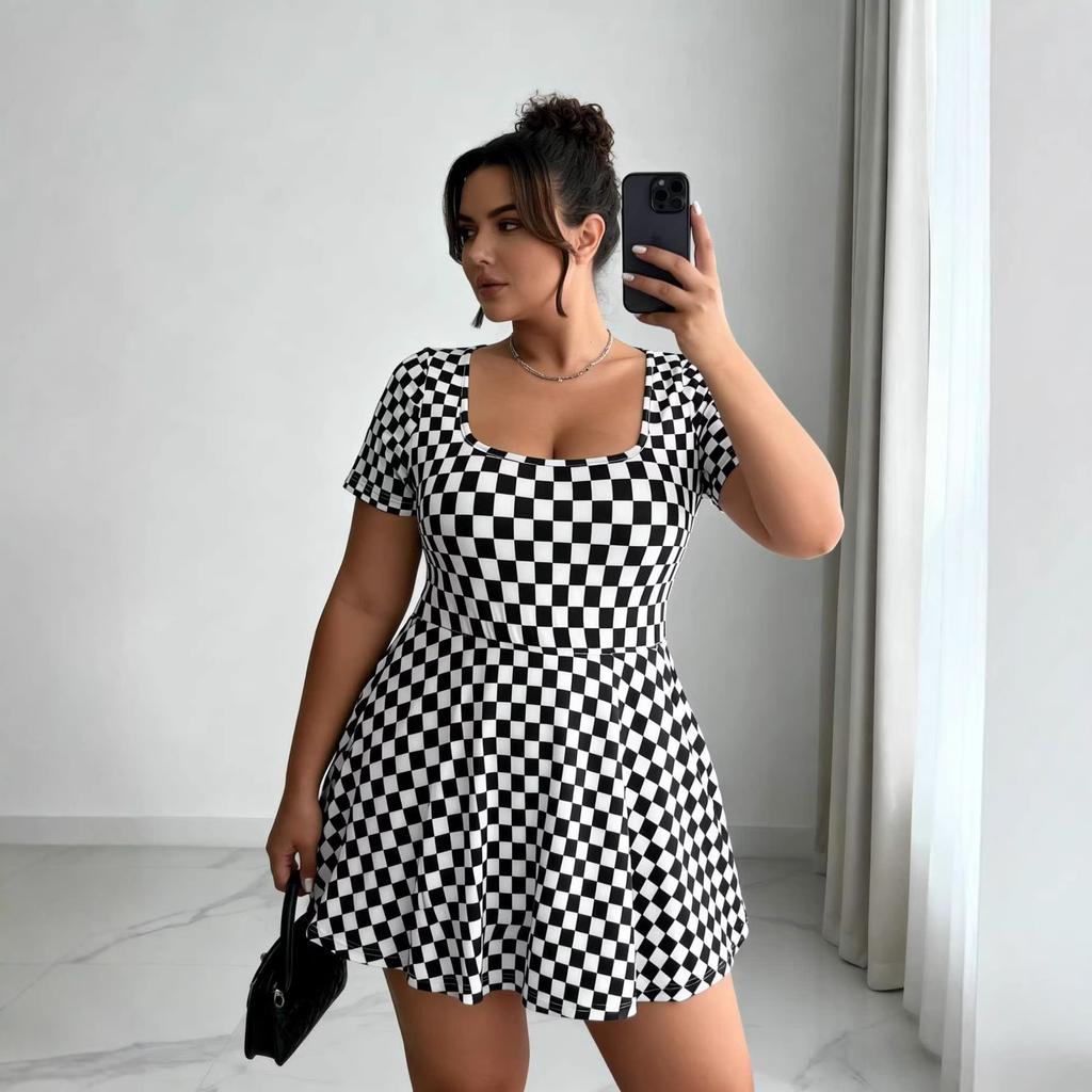 European and American large-size plaid printing dress, slim and thin square neck short-sleeved skirt, direct supply