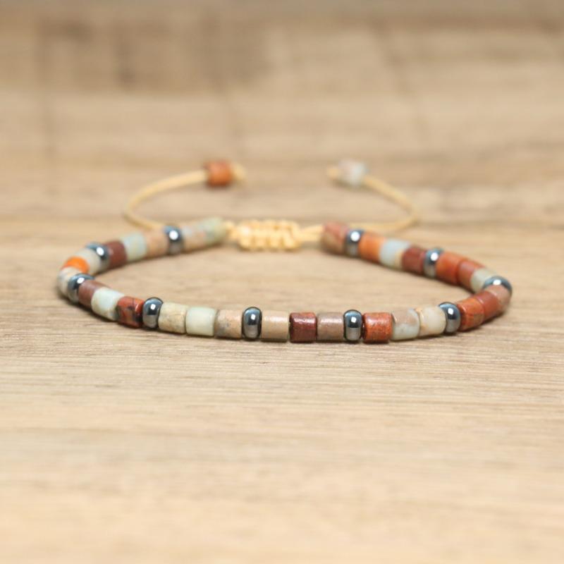 Rainbow Imperial Jasper Square Bead Bracelet – Hematite Accent Adjustable Boho Jewelry, Joy Energy Gift for Men & Women