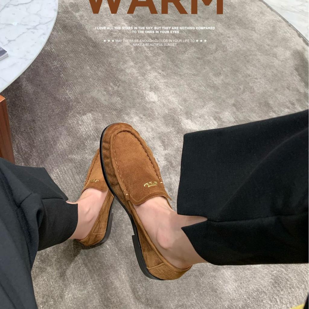 Cowhide version~ round head metal pleated leather loafers women's autumn and winter one-pedal lazy commuting versatile small leather shoes