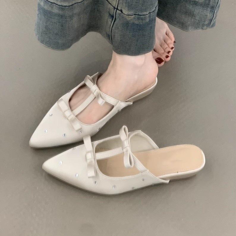 Gentle Fairy Bag Head Half Slippers Temperament Elegant Satin Bow Pointed Wedge Heel Slippers