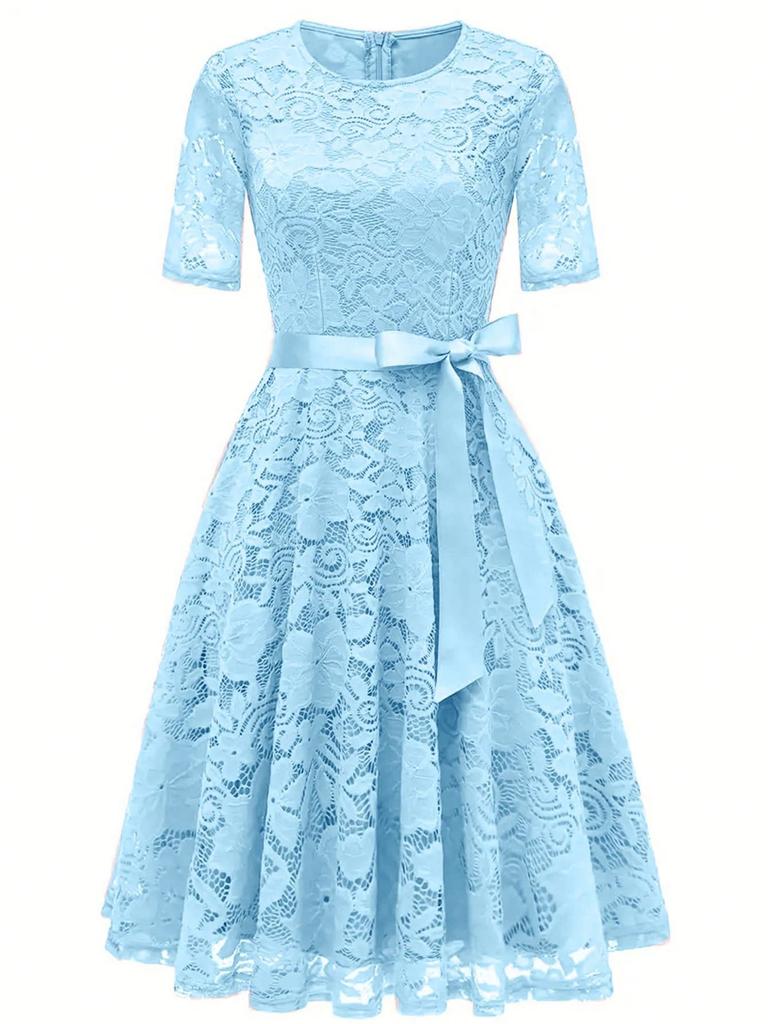 European, American spring and summer new fashion dress lace slim temperament bow dress