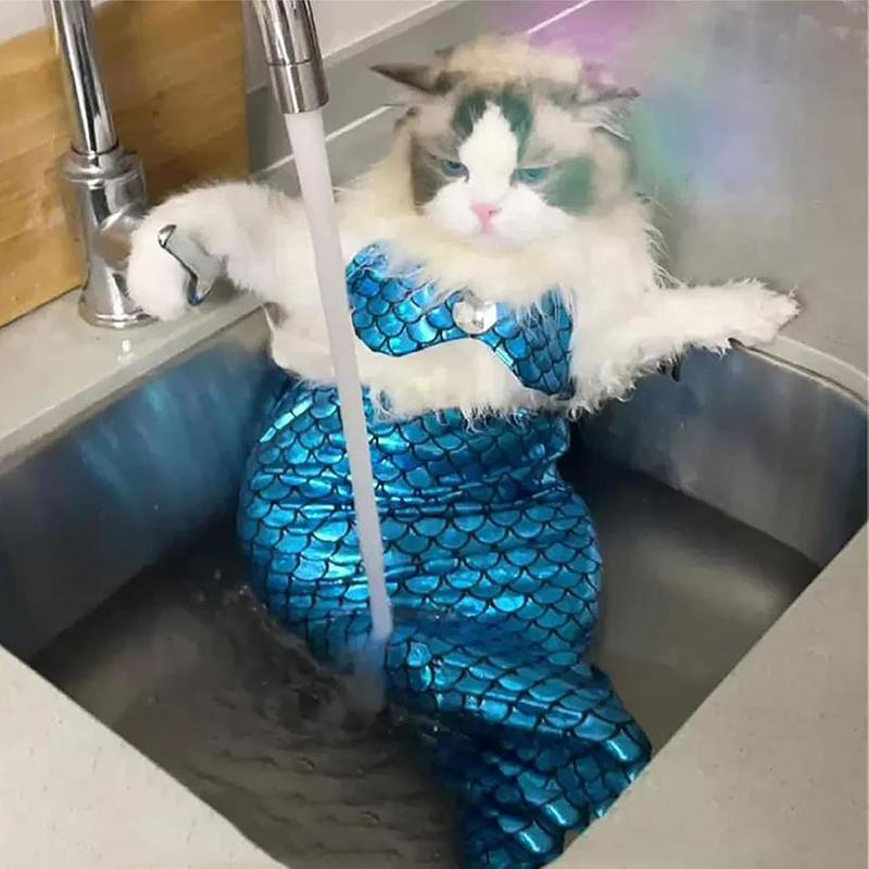 Coda da Sirena Sequin per Gatto Vestito Coda da Sirena Per Halloween Vestito Coda di Pesce Gatto Travestimento Comodo Morbido Vestito per Cane Animale Domestico Divertente