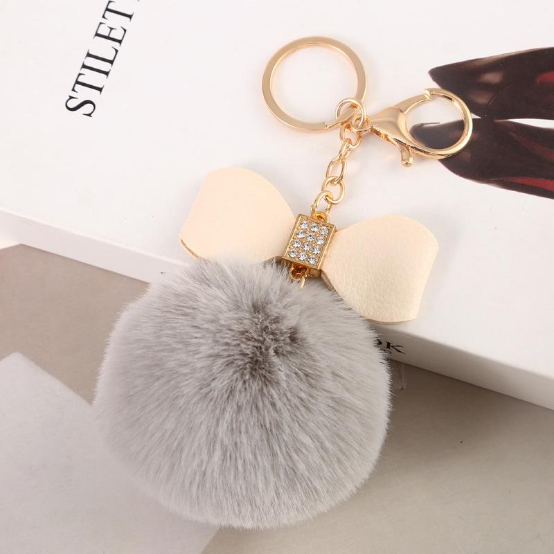Faux Fur Pom Pom Keychain Women Girls Plush Ball Bag Backpack Pendant Creative Rhinestone Pu Leather Bow Car Keyring GiftS
