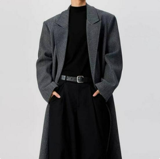 Men's Black Wool Trench Coat - Korean Style, Mid-Length, Over-the-Knee for 2025 Spring/Autumn