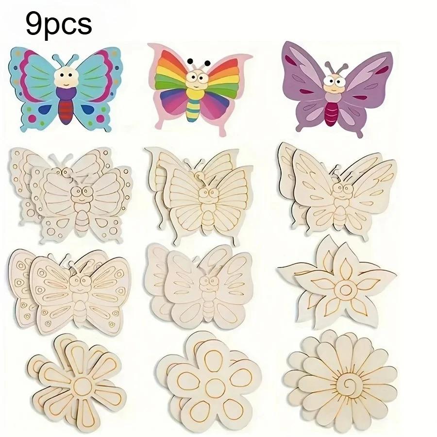 

9pcs Wooden Painting Graffiti Decorations Butterfly Hanging Ornaments Birthday Wedding Country Cottage Holiday Home Decoration