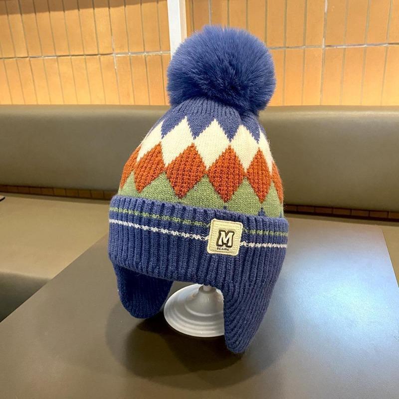 Autumn and Winter Boys and Girls Rhombus Windproof Ear Hats Baby Knitted Thickened Wool Hats Winter Children's Warm Hats