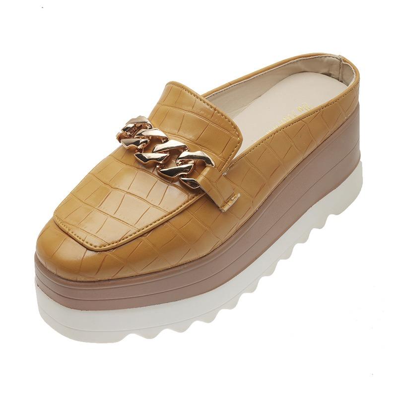 Women's Platform Mules Thick Soles Wedges Heel Fashion Slippers Casual British Leather Shoes 7cm High Heels Clogs Flatform Shoes