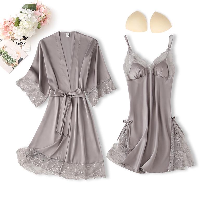 Sexy Pure Desire Lace Pajama Set: Solid Color Slip Dress with Tie-Up Morning Robe
