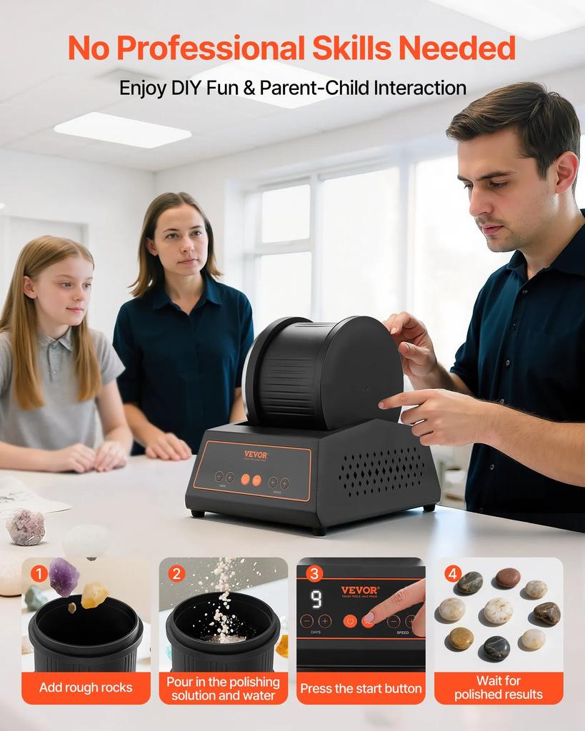 VEVOR Rock Tumbler Kit, Rock Polishing Kit, 4 Speed Settings 9-Day Polishing Timer Stone Polishing Kit