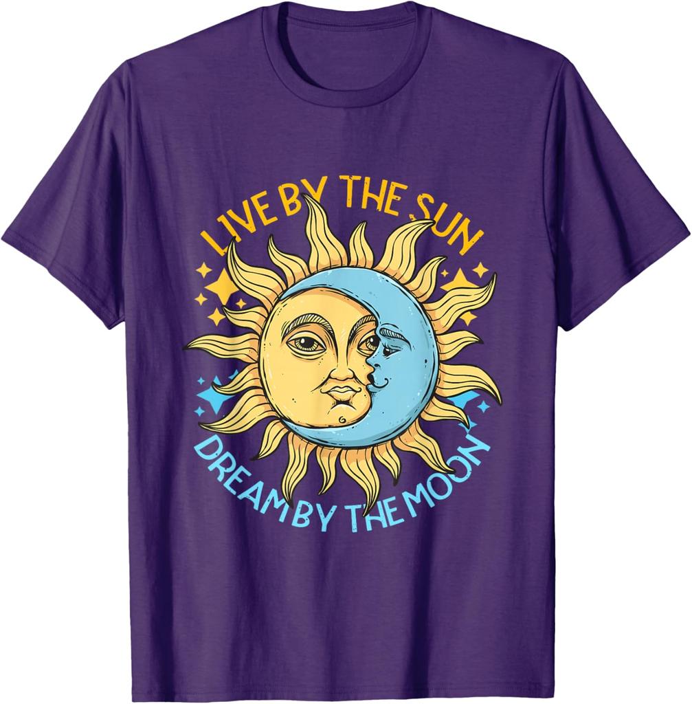 Sun Moon Celestial Graphic Tee Soft Cotton Casual T-Shirt Retro Astrology Style Trip Apparel