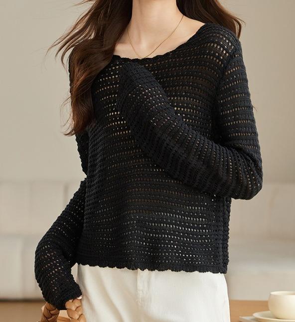 Hollow Blouse 1011 Solid Color New Knitted Sweater Top Women's Korean Round Neck Pullover Women's Knitted Sweater Women