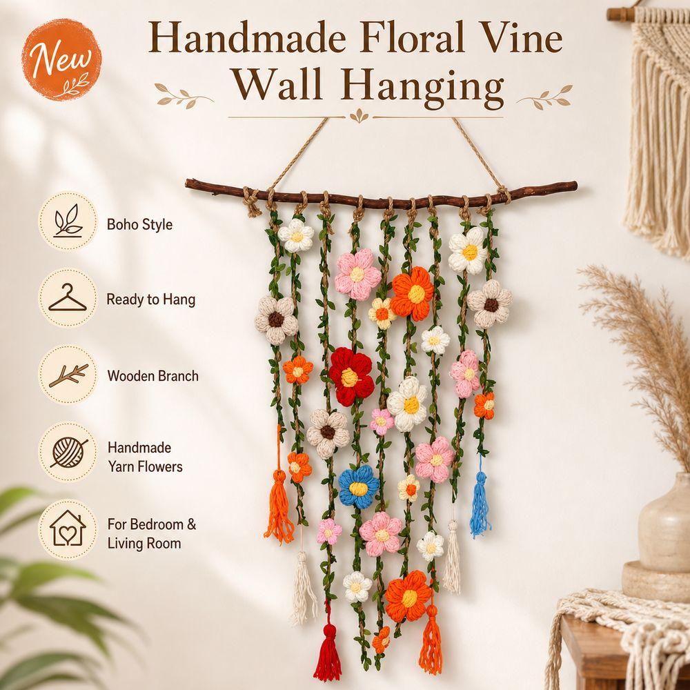 Wooden Branch Crochet Wall Hanging Yarn Floral Tapestry Macrame Wall Hanging  Living Room Decor