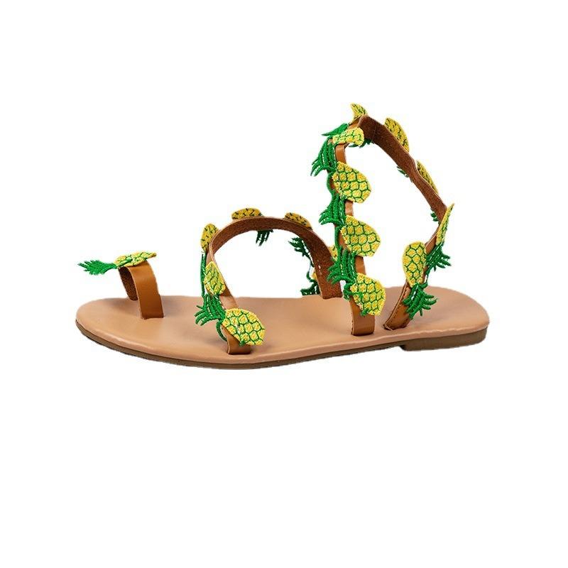Pineapple Flat-soled Sandals, New Pu-toed Flower Flat-soled Sandals, Women's Fashion Large-size Sandals