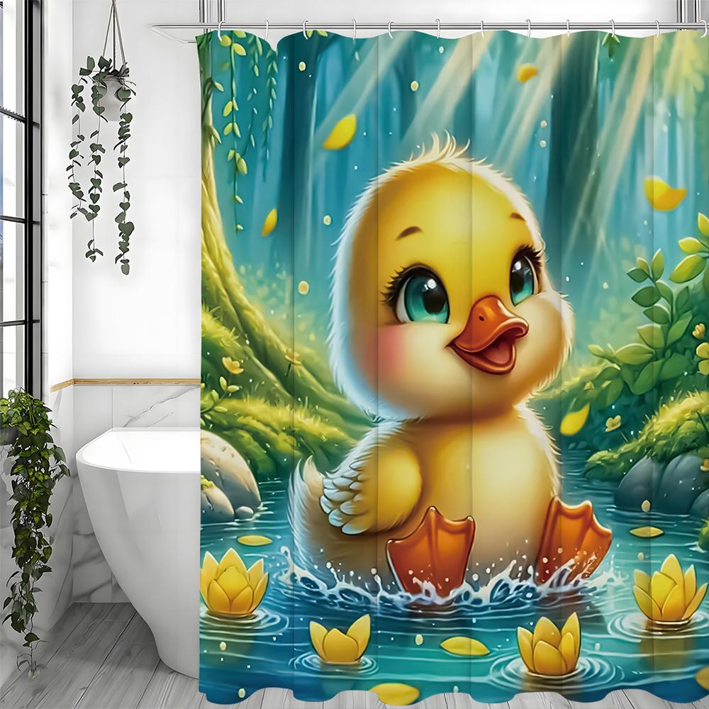 Cartoon cute yellow duck shower curtain, bathroom decorative shower curtain, waterproof shower curtain with hooks