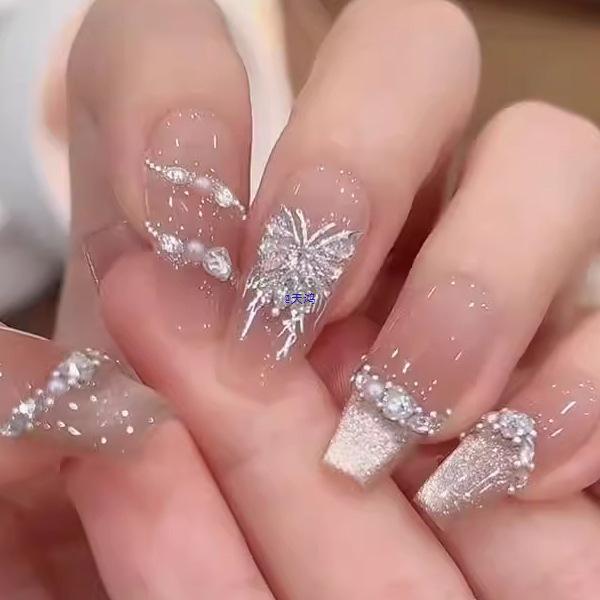 Handmade Medium-Long Ice Crystal Butterfly Cat Eye Nails for Brides or Pregnant Women