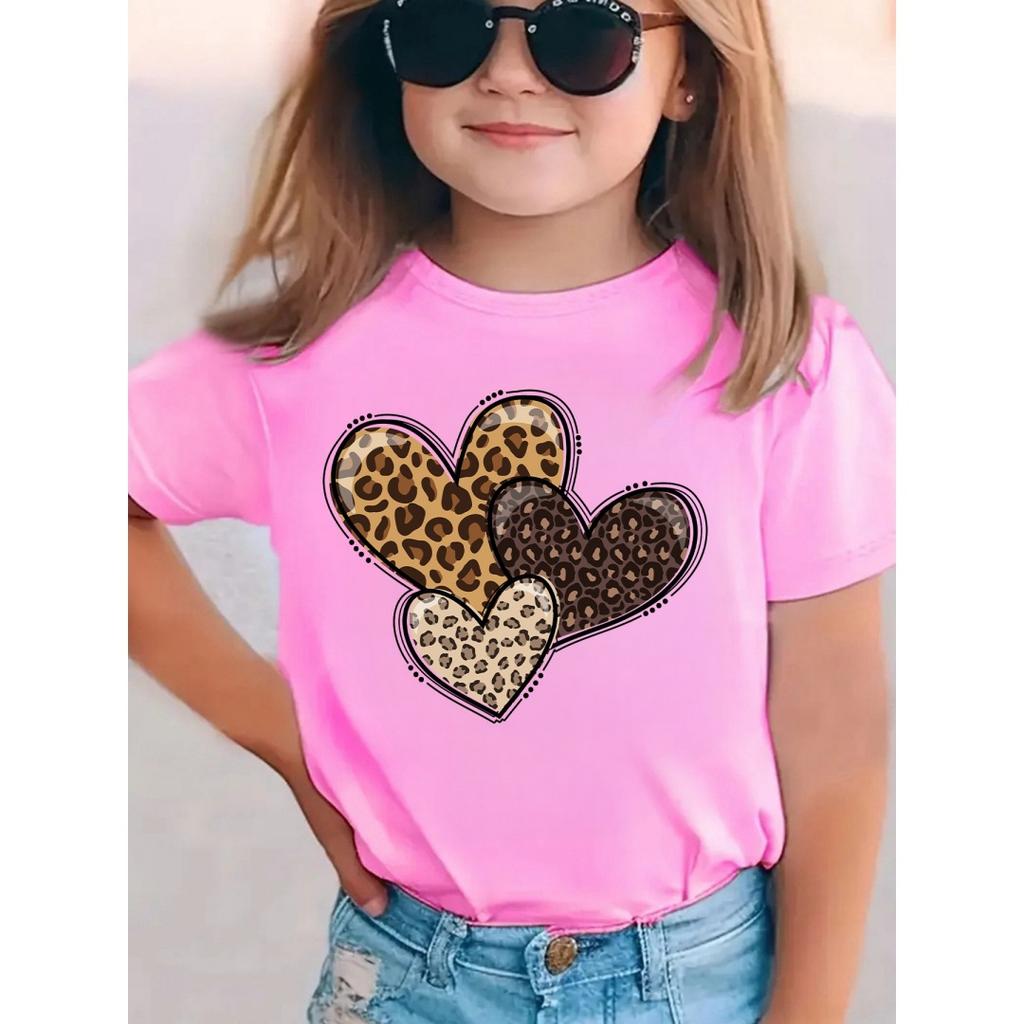 Dětské tričko s potiskem srdíček Leopardí láska Srdce Trendy Roztomilé Letní Top s kulatým výstřihem Módní Grafické tričko s krátkým rukávem Oblečení