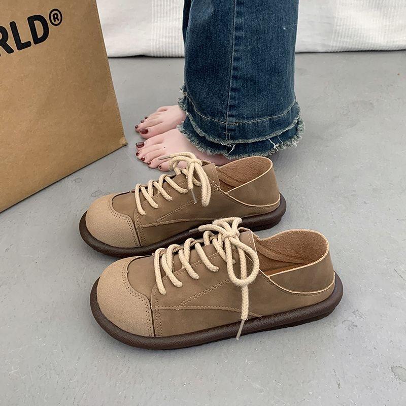 Maillard retro leather shoes women's new soft-soled lace-up casual splicing retro single shoes