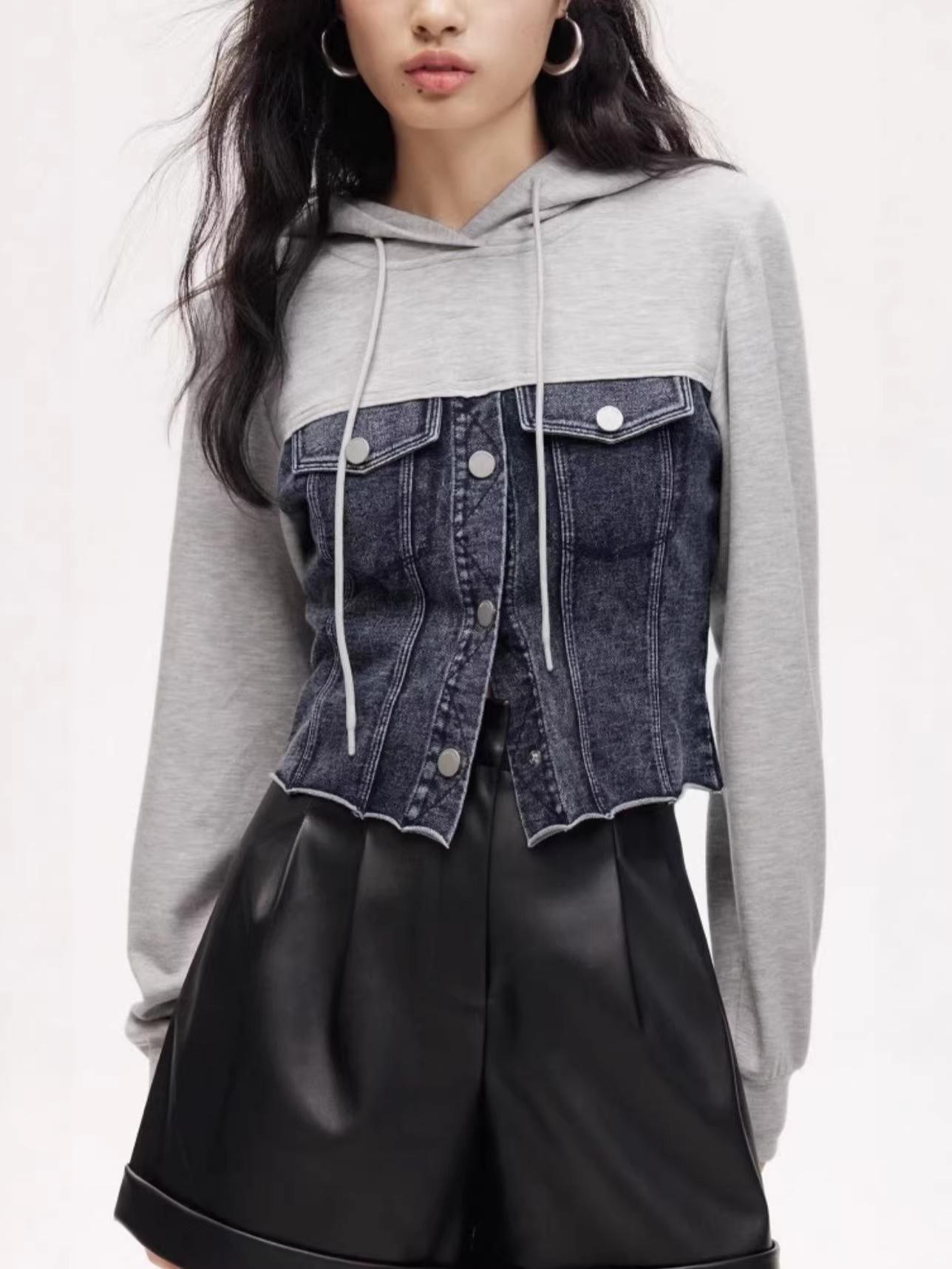 Korean Retro Patchwork Denim Hoodie Women s Short Jacket Large чёрный