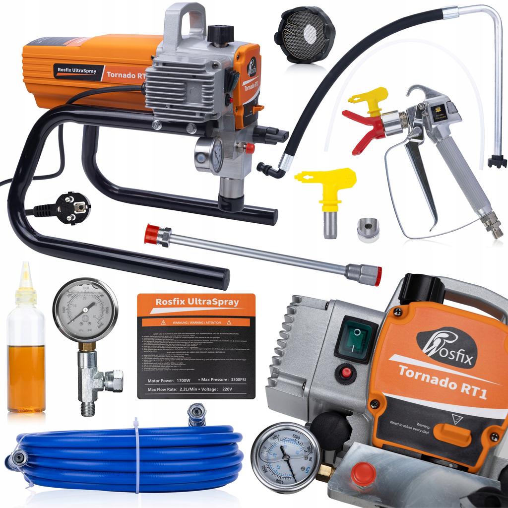 Rosfix Malířská sada Tornado RT1 UltraSpray 1800W – Agregát, Pistole, Hadice 8m | Trysky 215 a 517 | Čisticí sada 17v1