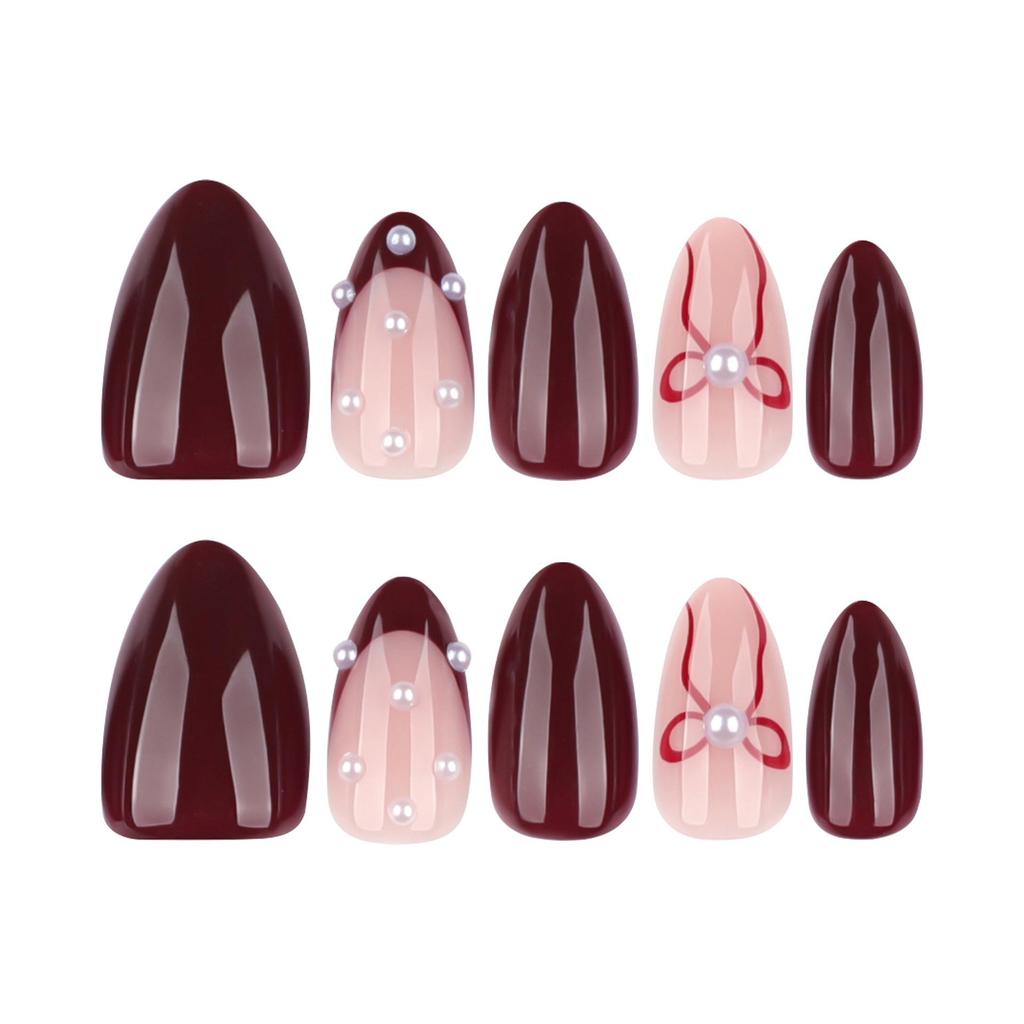 Red Almond-Shaped Wearable Nails with Bow - Short French Style for New Year