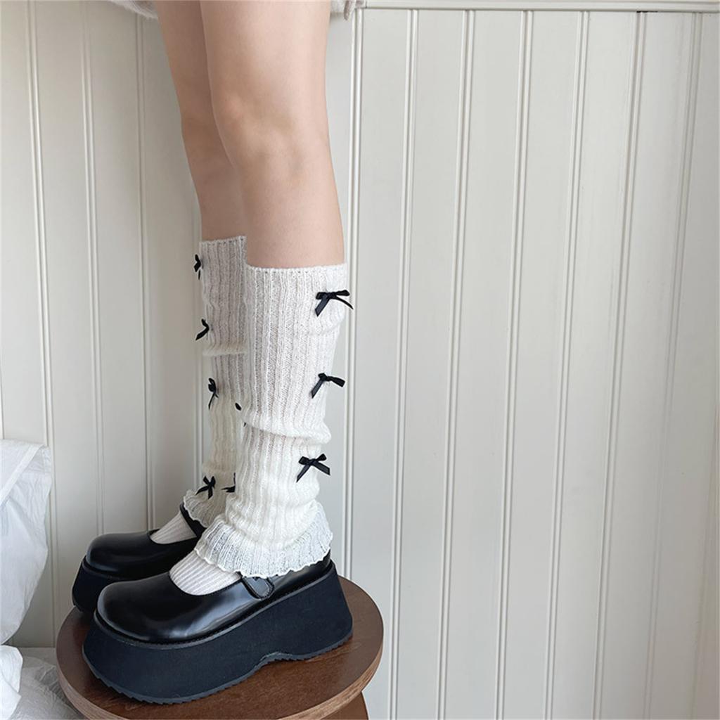 Sweet Girls Leg Warmers Women Ribbed Knit Foot Covers Elegant Bowknot Ruffled Trim Boot Cuffs Footless Long Calf Socks