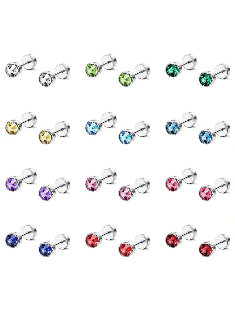 12 Pairs CZ Ear Stud Mixed Colors Cartilage Earrings Set Stainless Steel Barbell Studs Earrings Helix Tragus Piercing