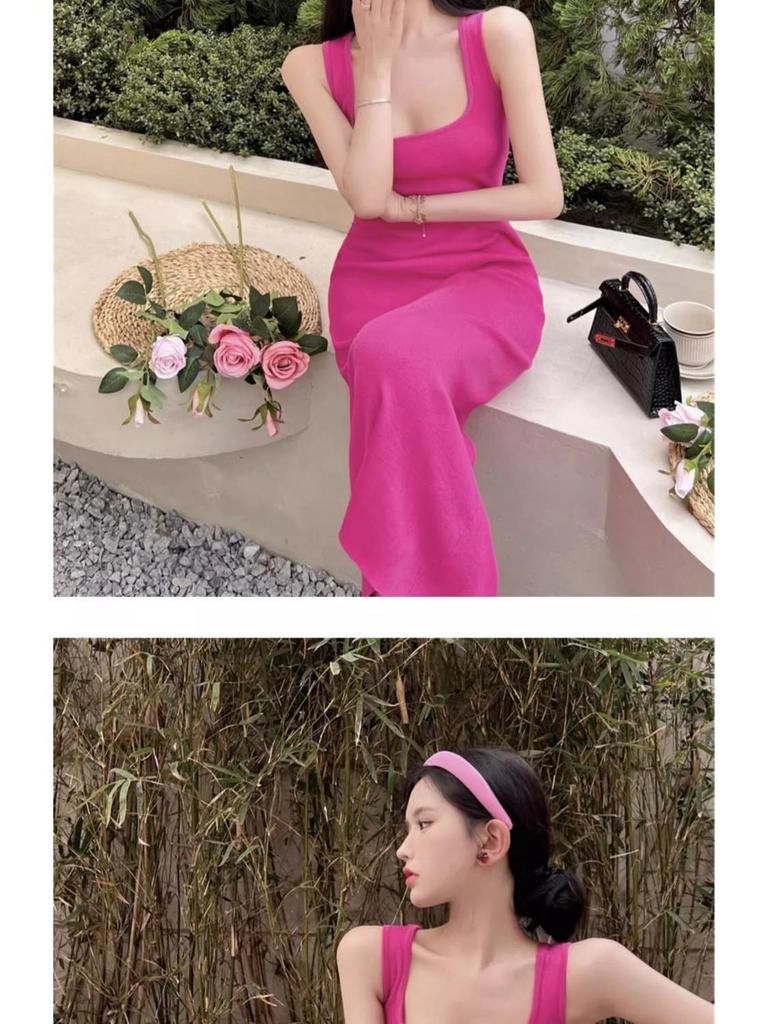 Elegant 2025 Pink Strappy Knit Midi Dress - Cinched Waist, Hip-Hugging Women's Summer Style