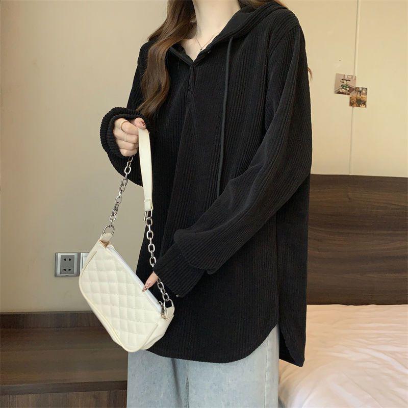 Women's Plus Size Ribbed Hooded Long Sleeve T-Shirt - Autumn/Winter Loose Slimming Base Layer