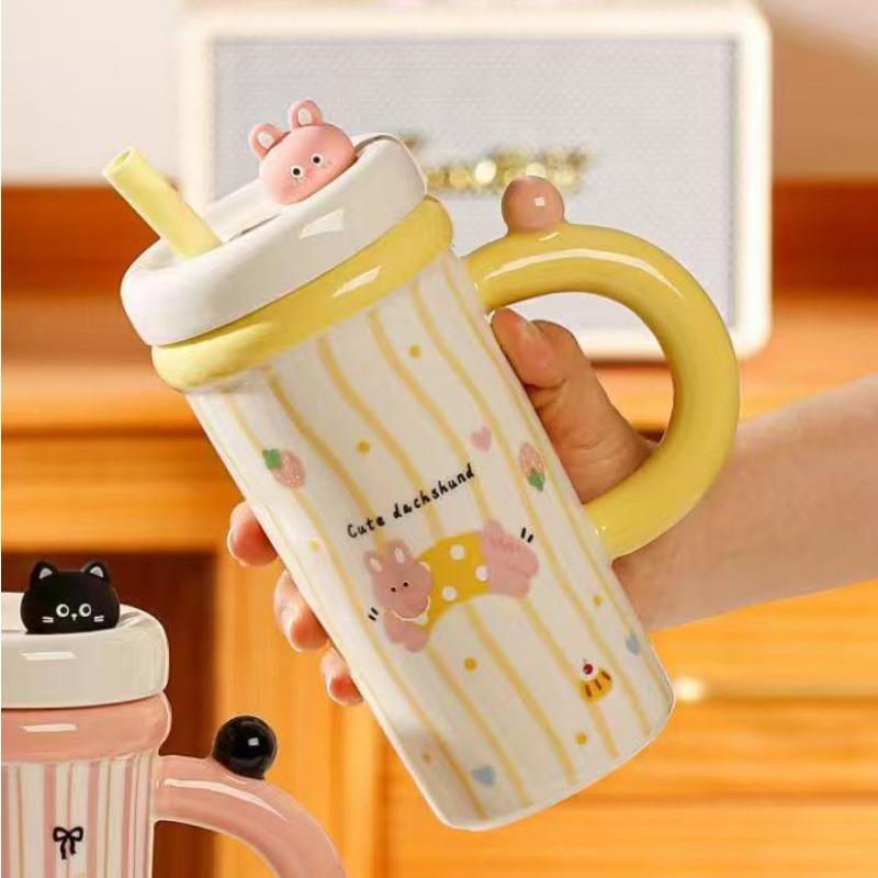 Large Capacity Summer New Straw Cup Ceramic Kettle Cup with Lid Cartoon Mug Water Cup
