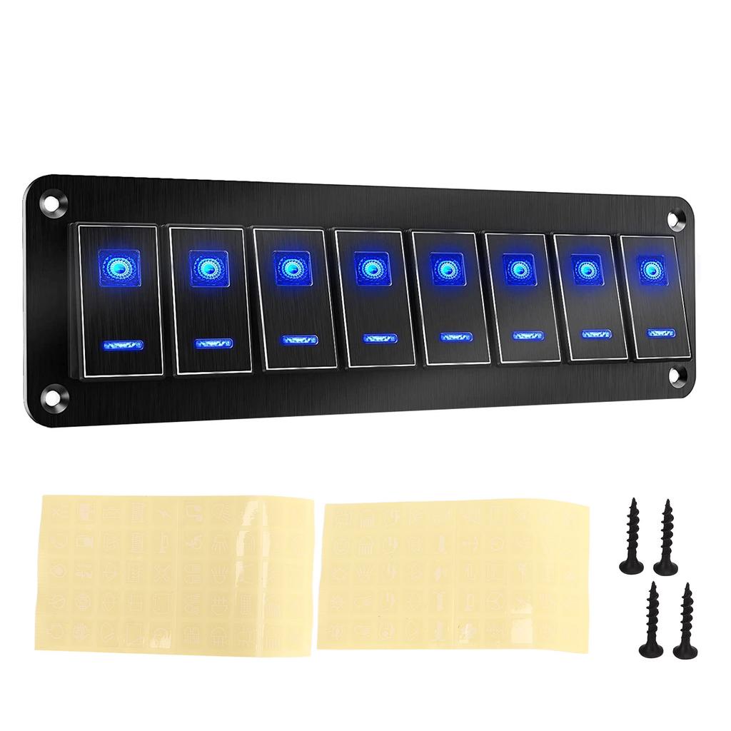 8 Gang RV Aluminum Toggle Switch Panel DC12V to 24V Waterproof Oxidized Black 20A 5PIN Blue LED