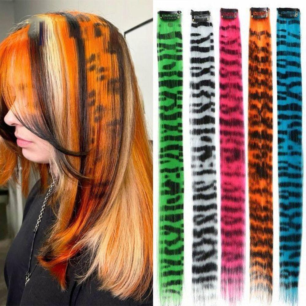 Colorful Hair Highlights Stripe Printed Wig Hairpieces Christmas Clip in Hair Extensions Girls