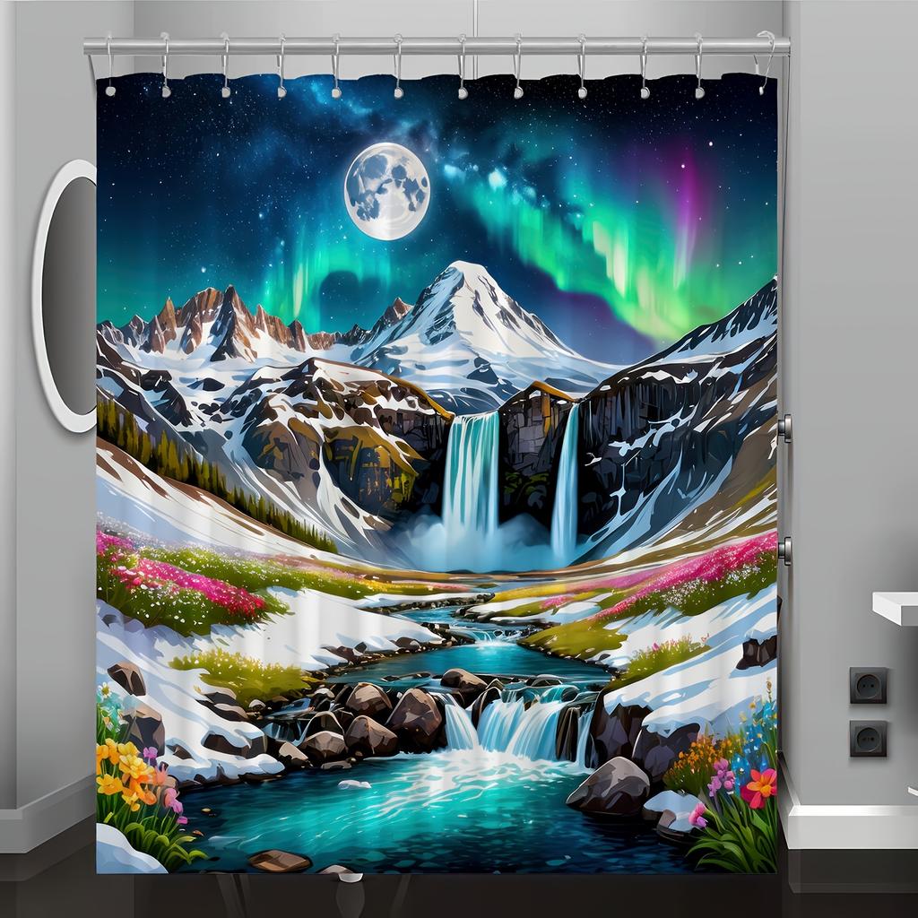 Snow Mountain Aurora Landscape Digital Print Shower Curtain , Reversible Polyester, All-Season Bathroom/Home Decor