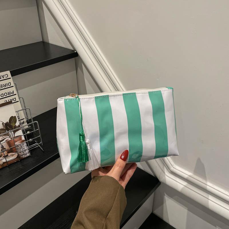 Striped Pvc Makeup Bag Waterproof Washable Zipper Cosmetic Pouch With Tassel Portable Travel Storage Hand Bag For Women Gift