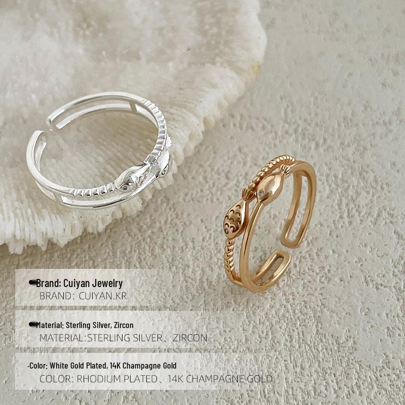 S925 Sterling Silver Korean Double Layer Fish Design Open Ring for Women - Trendy and Unique Silver Jewelry