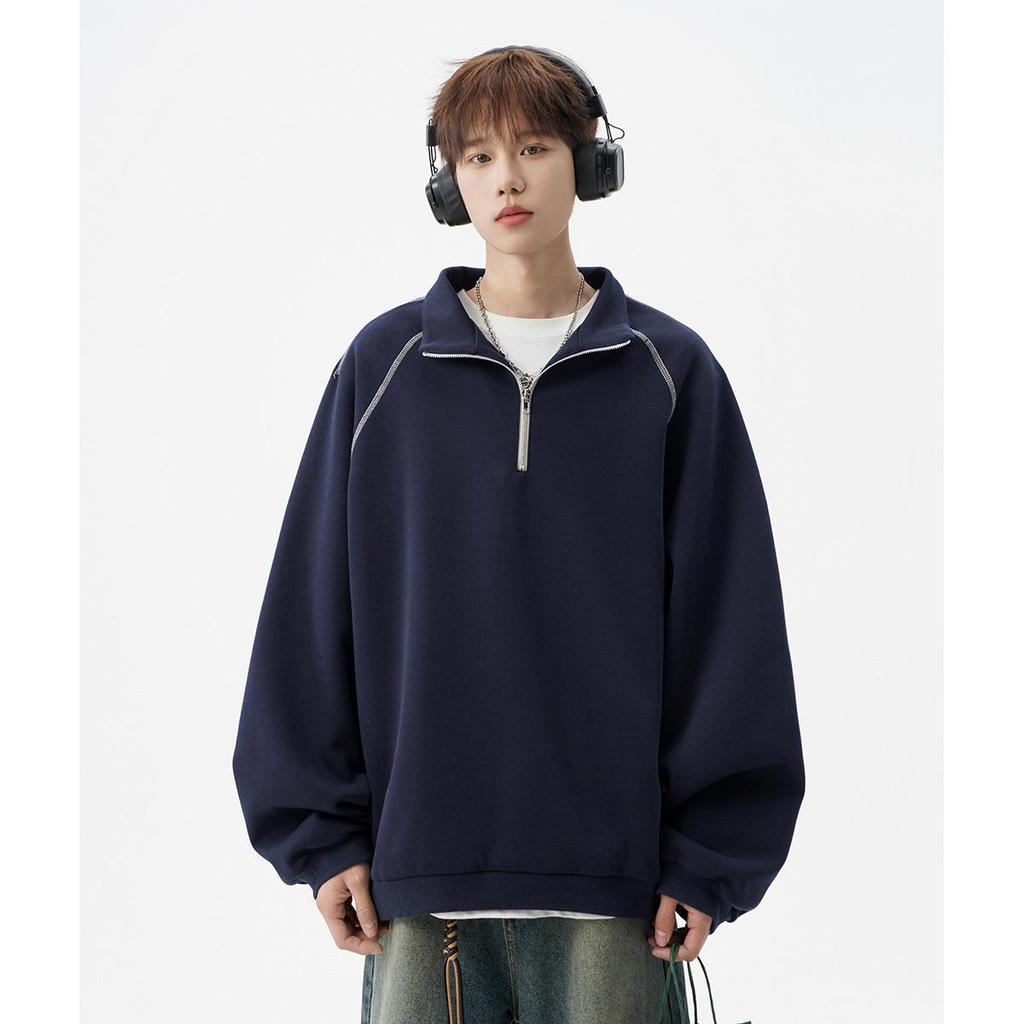 Men's Autumn Trendy Navy Blue Half-Zip Stand-Collar Hoodie Jacket