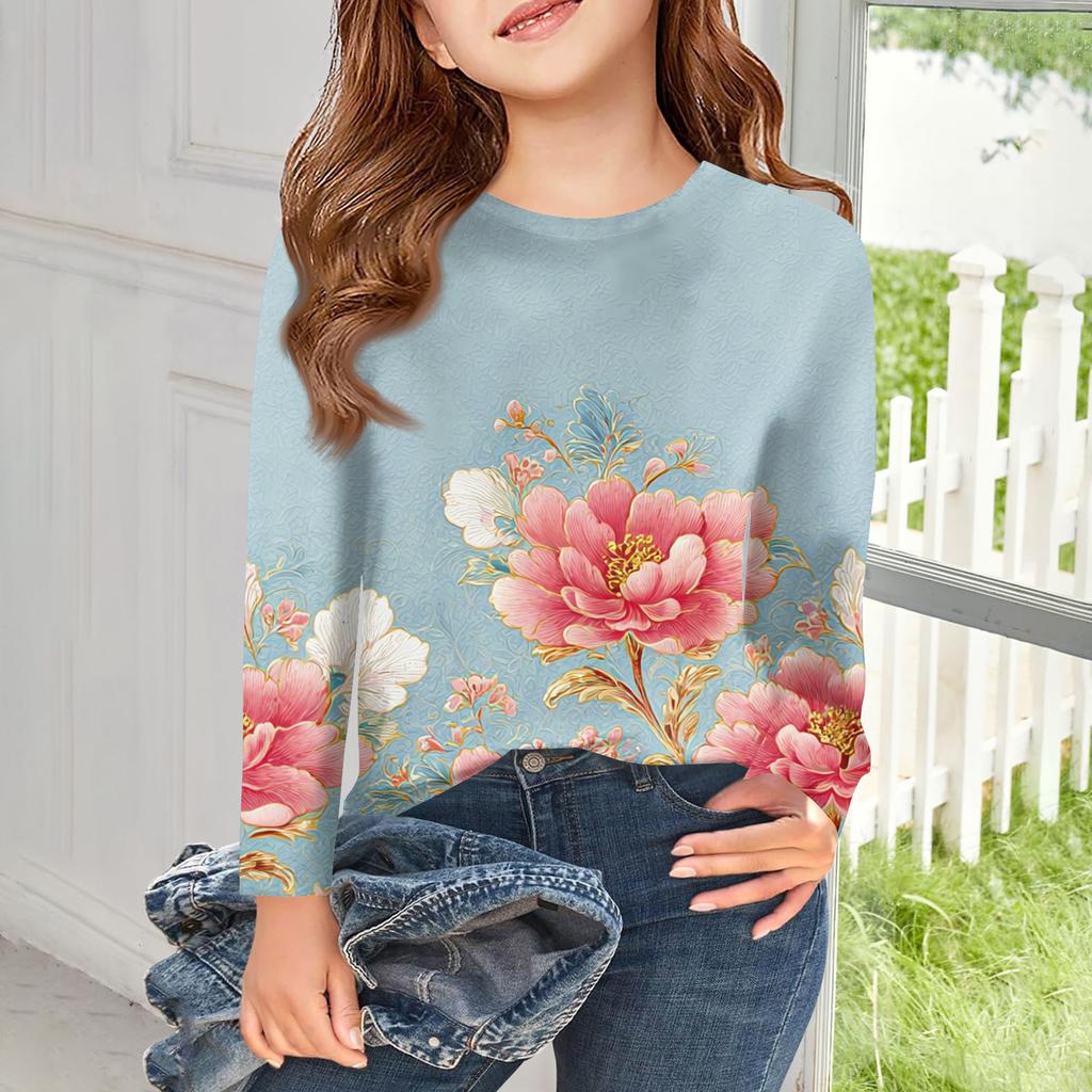 Dívčí trička s dlouhým rukávem Dětské podzimní topy Kulatý výstřih Potištěná základní trička