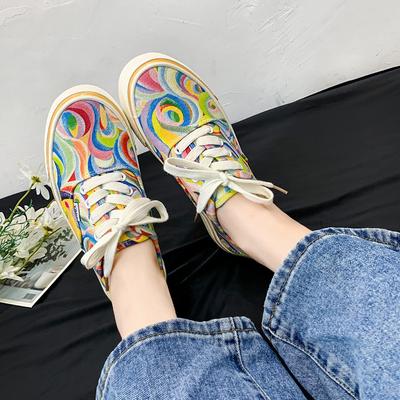 Women Canvas Shoes 2024 Rainbow Design Canvas Shoes Women Lace Up Casual Shoes Ladies Graffiti Flat Shoes Zapatos Mujer