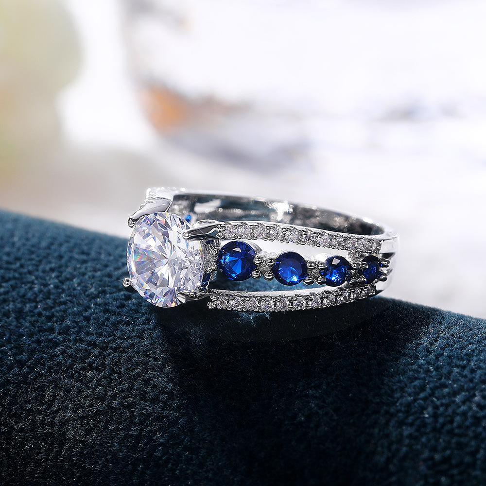 New Jewelry, Creative Hollowed-out Royal Blue Zircon Ring Women's Luxury Engagement Jewelry Straight