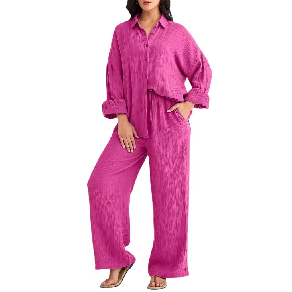 Women's Casual Loose Long Sleeve Shirt and Wide Leg Pants Set in Beige