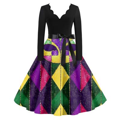 Damska Codzienna Moda Dekolt V Długi Rękaw Drukowana Sukienka Długa w Stylu Vintage