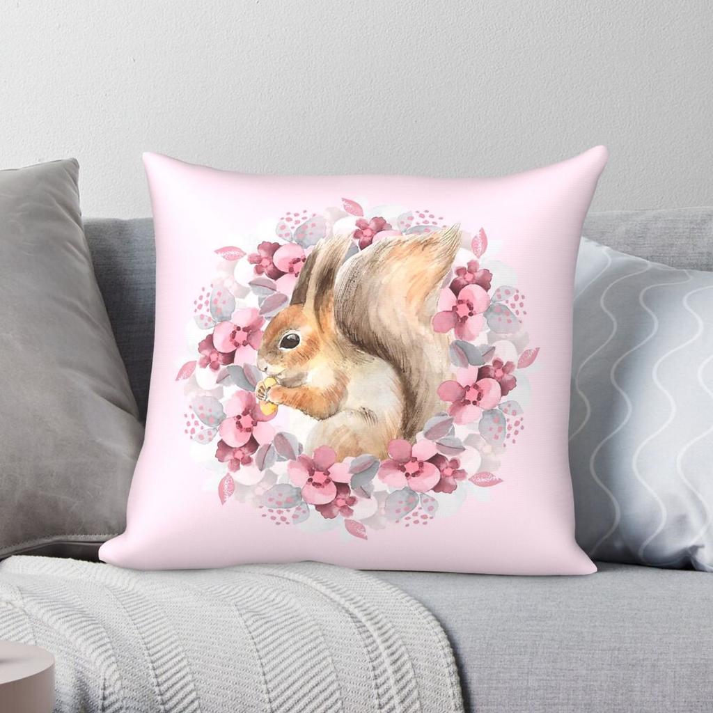 Squirrel And Pink Flowers Square Pillowcase Polyester Linen Velvet Creative Decorative Pillow Case Sofa Cushion Wholesale
