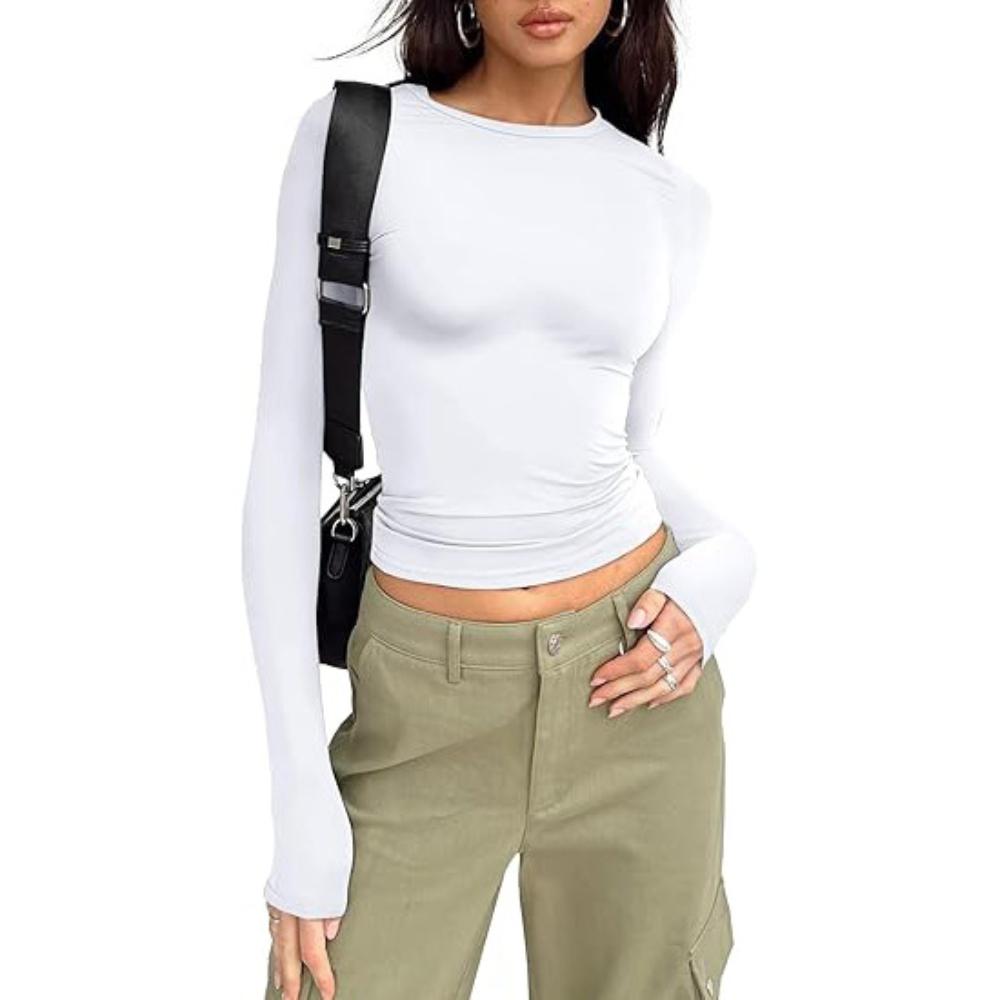 Women's Top for Spring and Autumn Base, Women's High-end Round Neck Long Sleeved Pullover, Slim Fit Milk Silk T-shirt