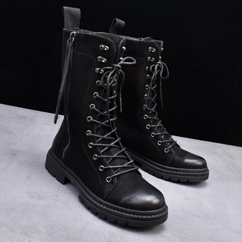 Korean version of Martin boots round head mid-tube leather boots trendy personality punk rock men's autumn and winter lace-up tooling cowboy boots