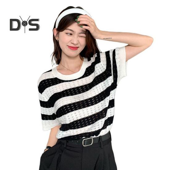 

Женская футболка с круглым вырезом и коротким рукавом, стандартный крой, полосатый принт Ice Silk, летние повседневные топы