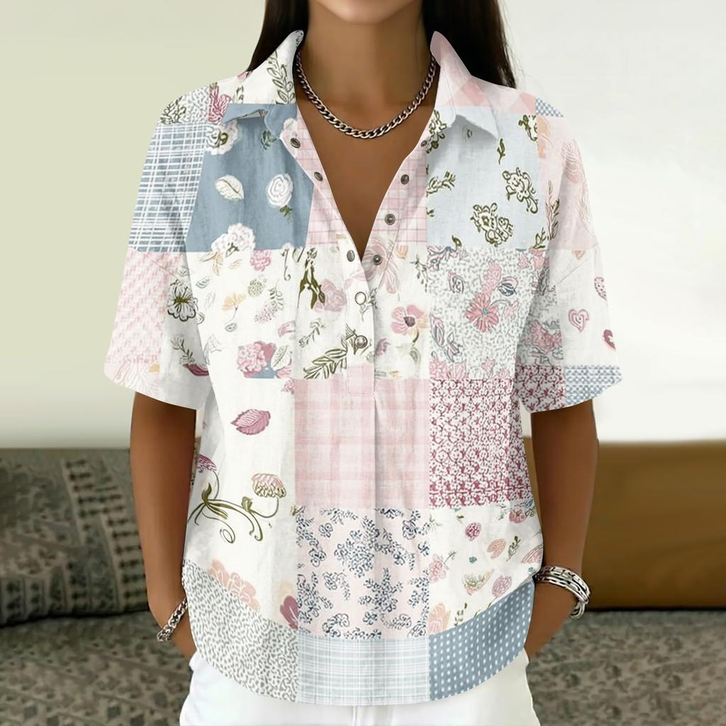 Damen Vintage Blumenmuster Polohemd Knopfleiste Kurzarm Lockerer Schnitt Lässiges Oberteil aus Baumwoll-Leinen-Stoff