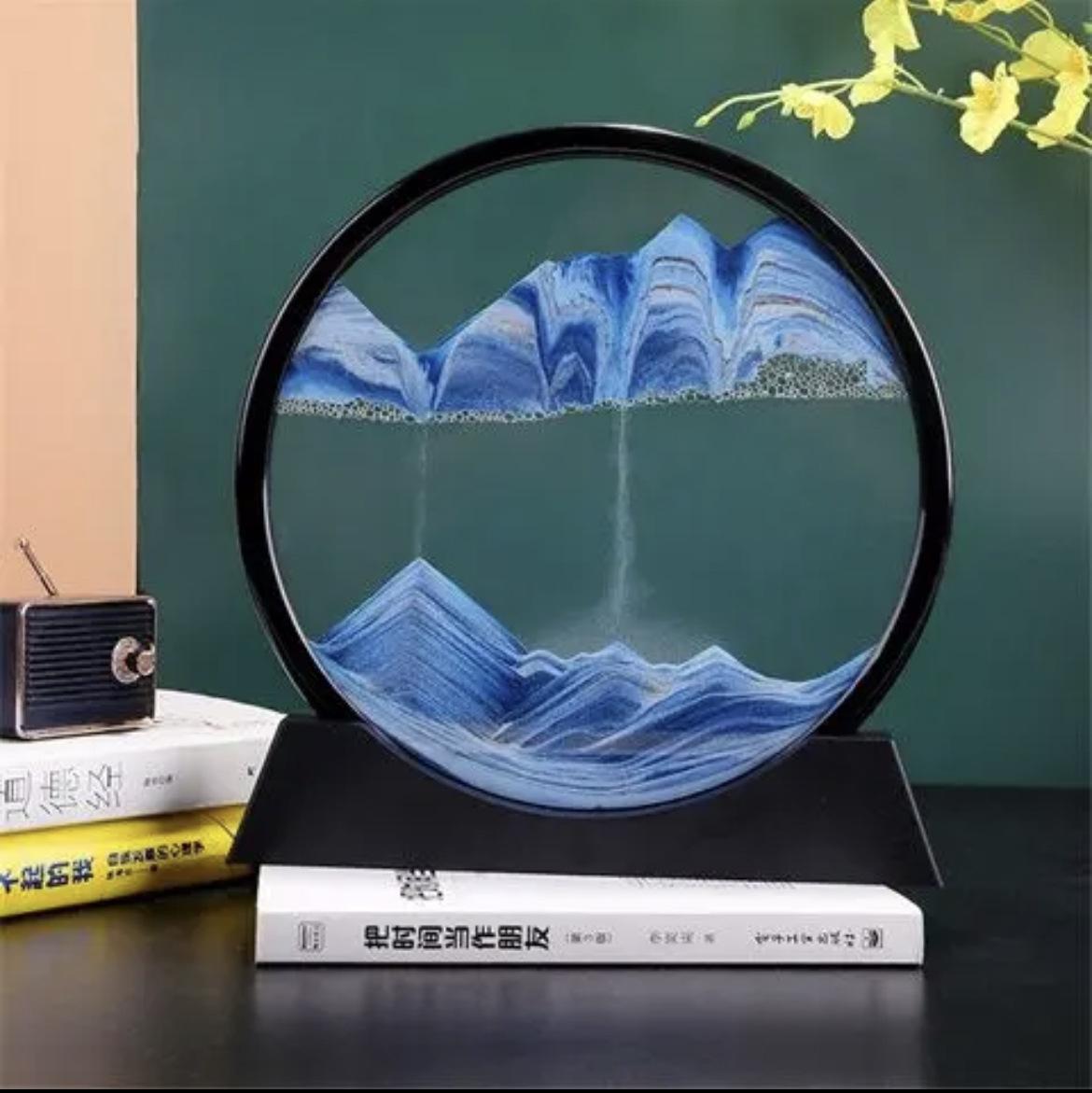 

3D Песочные часы Зыбучий песок Движущийся песок Картина Круглое стекло Глубоководный пезаж Ремесло Текущая живопись Домашний офис Рабочий декор синий