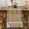 American Style Cotton and Linen Table Runner Rustic Solid Color Festival Dining Table Cover Rectangular with Tassel Tablecloth